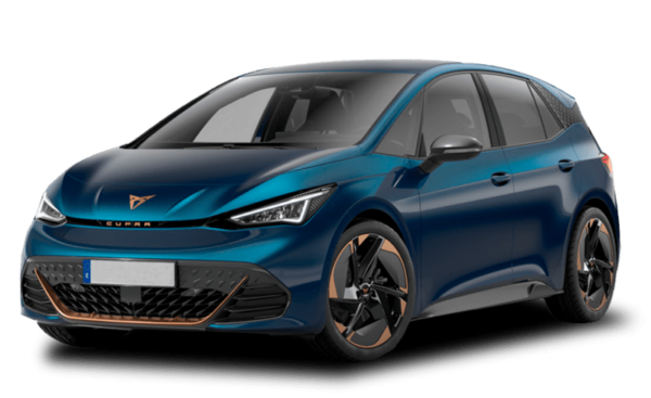 Vehículo eléctrico Cupra Born en color azul, modelo compacto con batería de 77 kWh compatible con punto de recarga doméstico.