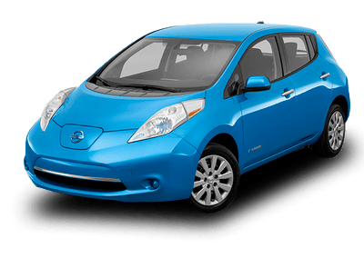 Imagen del Nissan Leaf eléctrico en color azul, vehículo compatible con punto de recarga y conector Tipo 1.