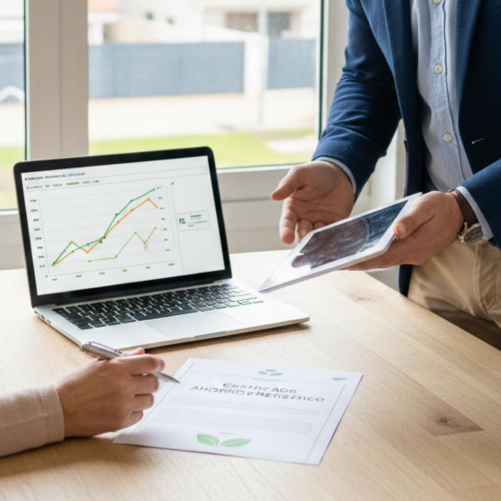 Persona revisando documentos sobre la compraventa de un Certificado de Ahorro Energético (CAE) para coche eléctrico”
