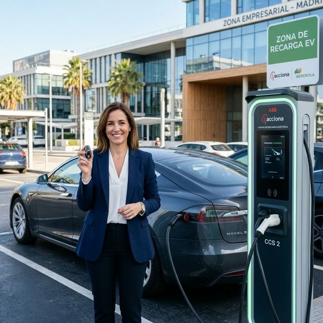 Persona de negocios y coche eléctrico de renting cargando en España