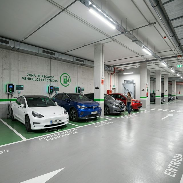 Garaje subterráneo en España con varios coches eléctricos enchufados a cargadores inteligentes