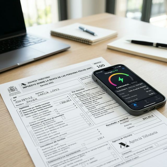Documento de la Agencia Tributaria en España y smartphone con app de recarga eléctrica