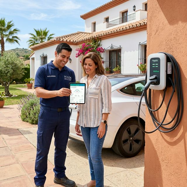 Instalador eléctrico profesional con tablet junto a cargador de coche en España