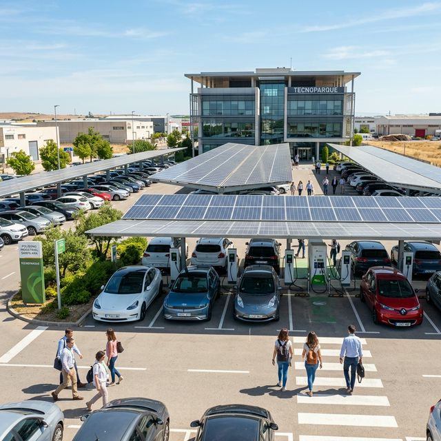 Aparcamiento corporativo en un polígono industrial en España lleno de coches eléctricos cargando al sol