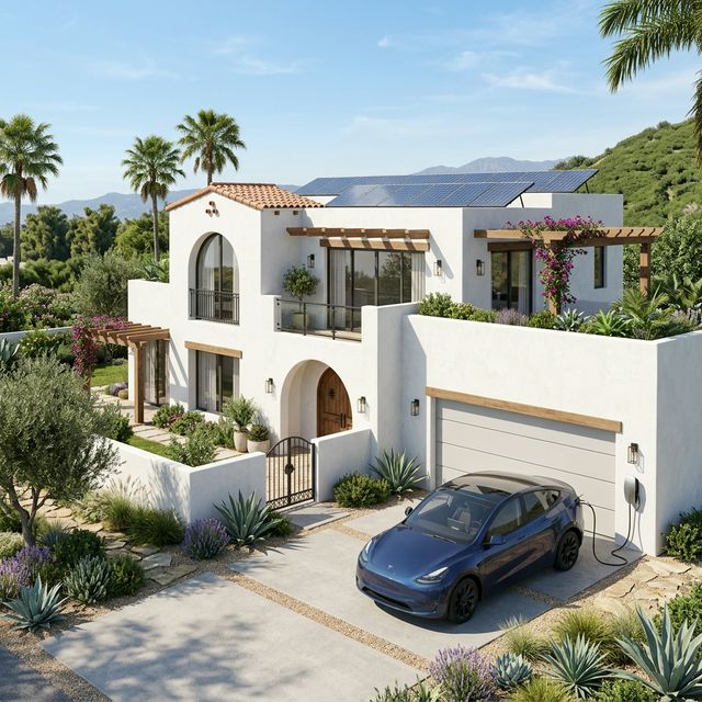 Casa moderna en España con paneles solares y coche eléctrico cargando