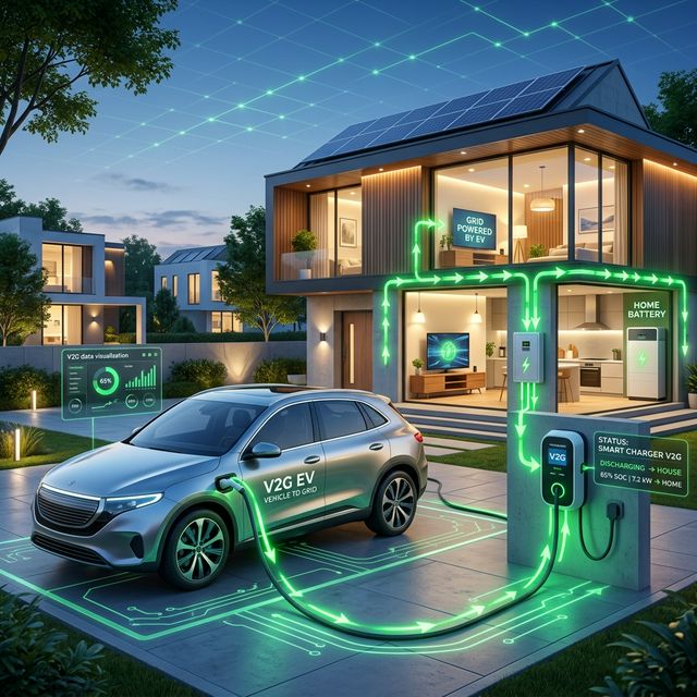 Ilustración 3D de coche eléctrico con recarga bidireccional V2G y energía verde